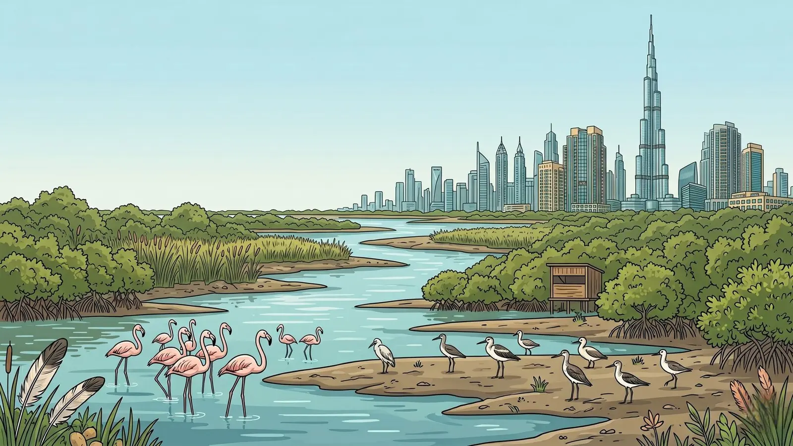 Dubai mangroves and flamingos, nature and city in harmony