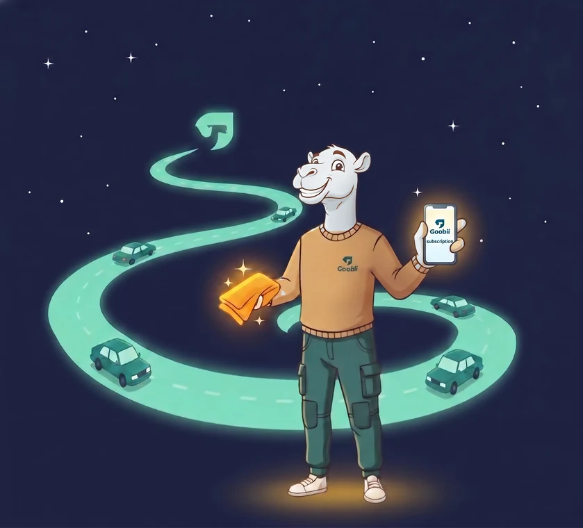 Jamal holding a Goobii subscription on his phone, on a glowing road of cars